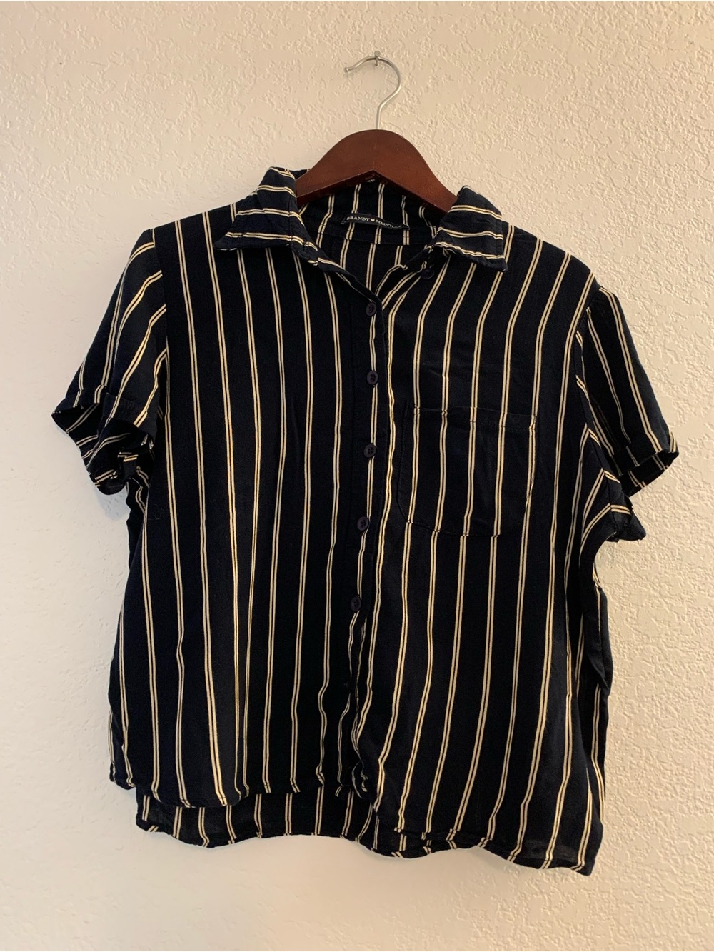 Brandy Melville Black Short-Sleeve Button-Down Vertical Stripes 100% Rayon